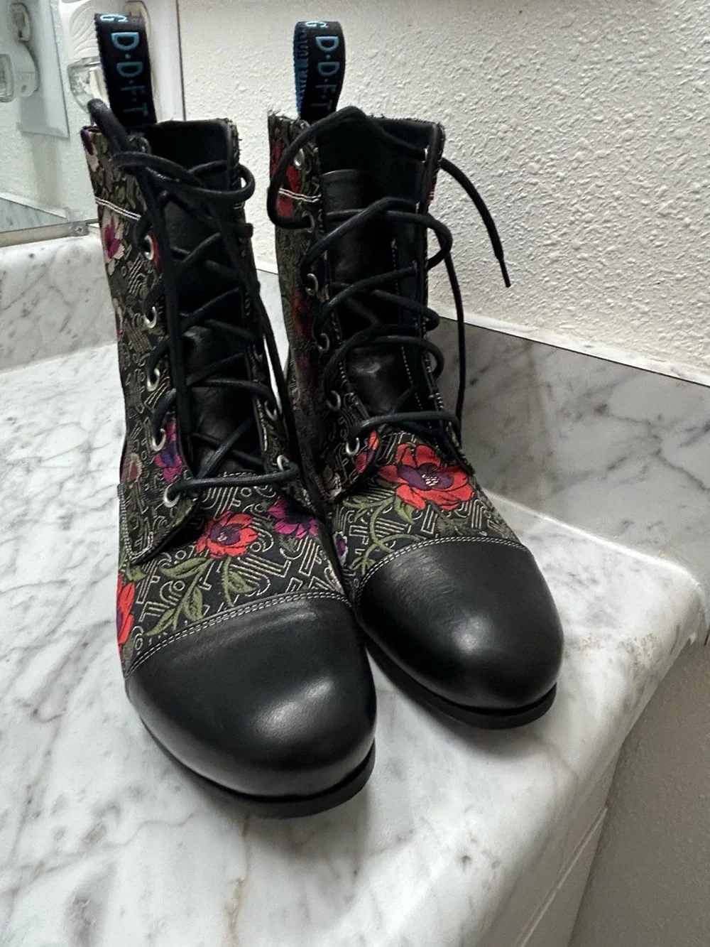 New John Fluevog Black Lace-Up Boots with Red and Purple Floral Embroidery - Picture 2 of 13